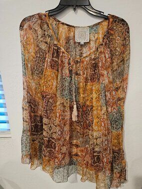 Johnny Was 100% Silk Boho Paisley Tassel Tunic Blouse size XL